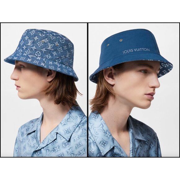 $705 Louis Vuitton 2020 Blue Monogram Reversible Essential Cotton Bucket Hat 62 - Picture 1 of 12